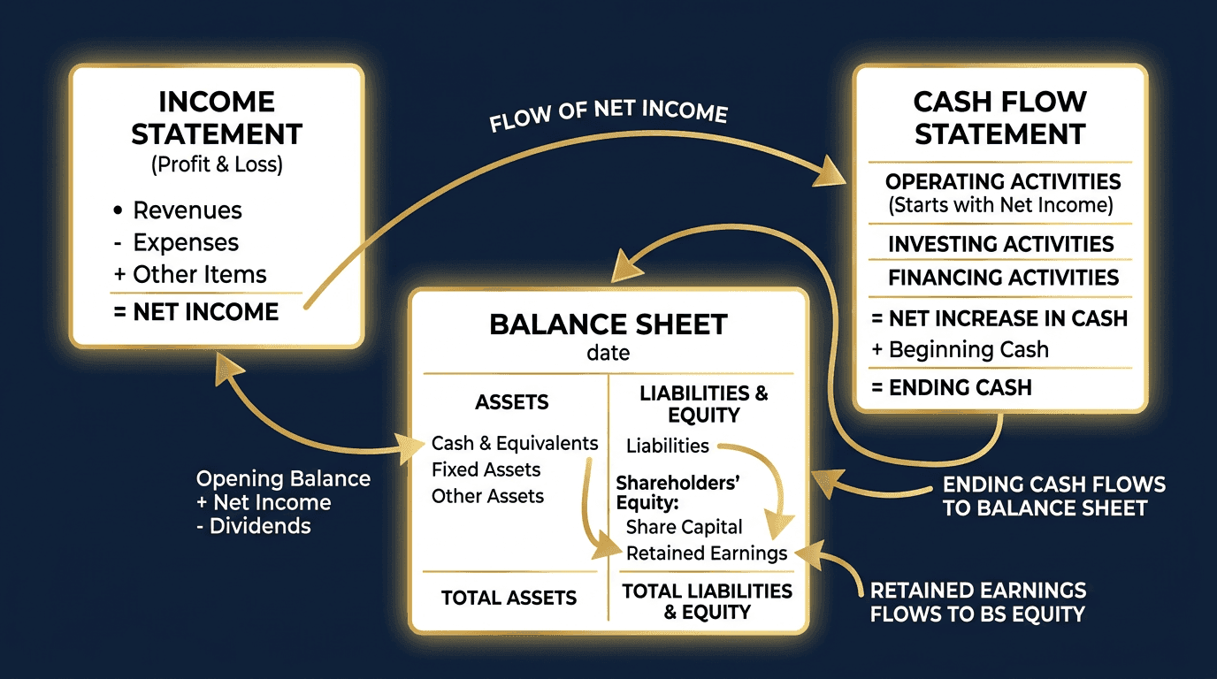 How the three financial statements link together: Income Statement, Balance Sheet, and Cash Flow Statement connections