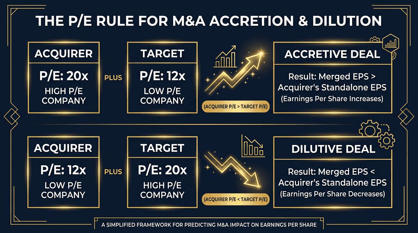 P/E ratio rule for accretion dilution: higher P/E acquirer buying lower P/E target is accretive