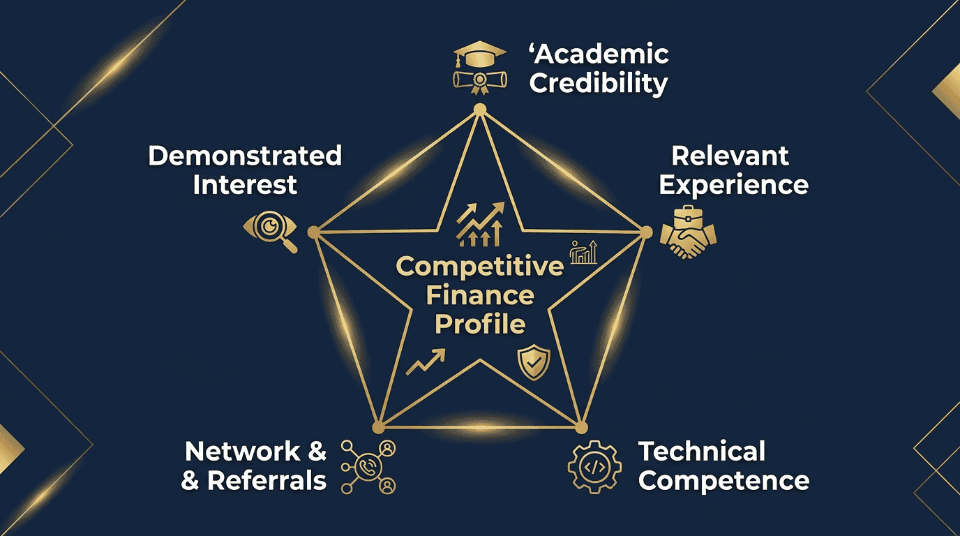 Five components of a competitive finance profile: Academic Credibility, Relevant Experience, Technical Competence, Network, and Demonstrated Interest
