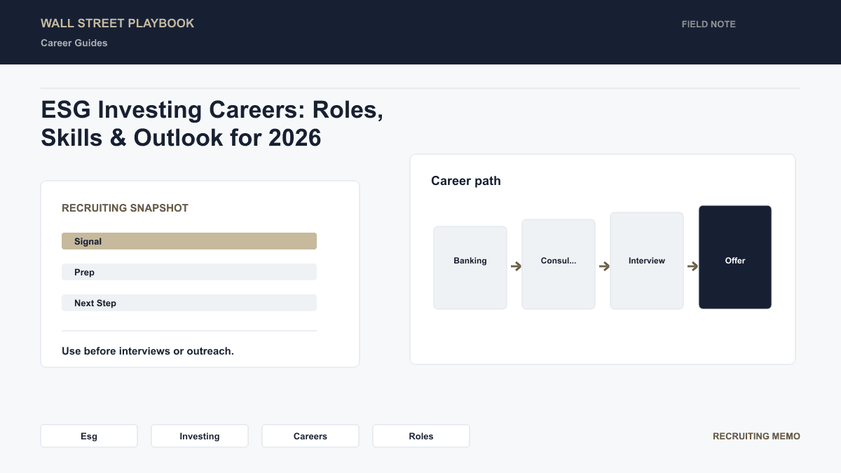 Overview of ESG investing career paths across asset management, banking, consulting, and corporate finance