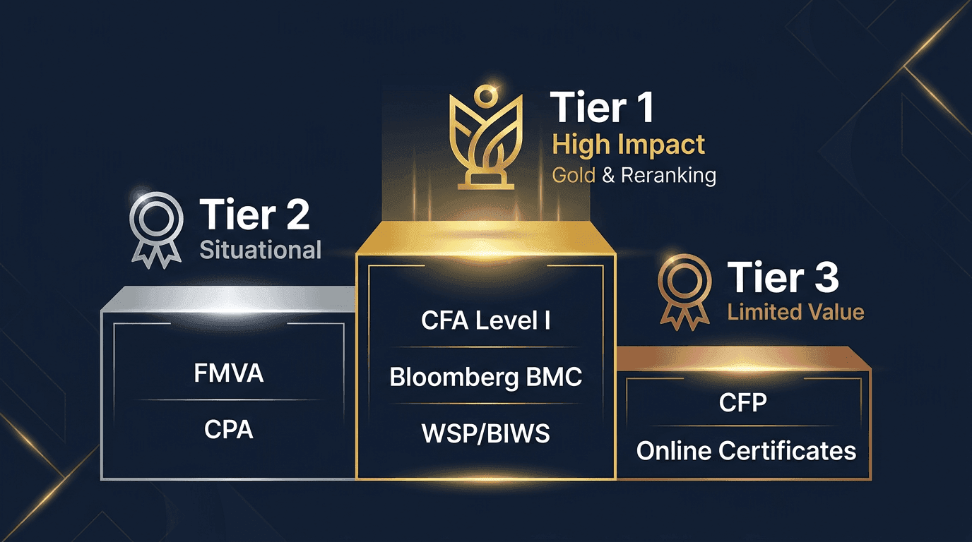 Finance certification impact ranking: CFA Level I and Bloomberg BMC as high impact, FMVA as situational, CFP as limited value