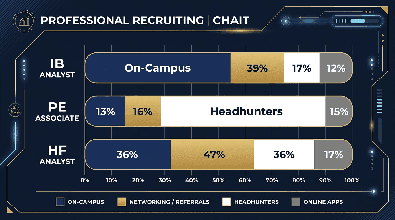 How IB analyst, PE associate, and HF analyst roles are filled: breakdown by on-campus, networking, headhunters, and online applications