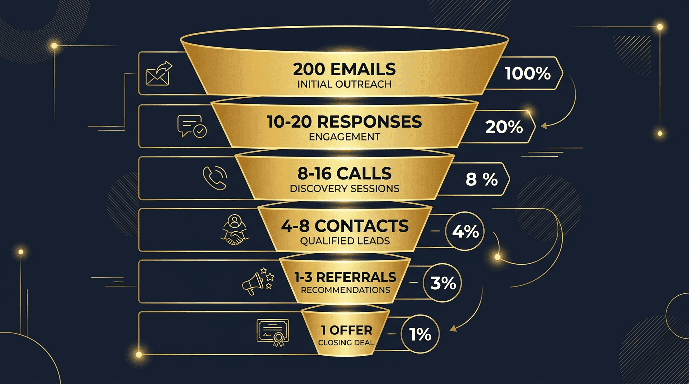 Networking funnel: 200 emails to 10-20 responses to 8-16 calls to 4-8 contacts to 1-3 referrals to 1 offer