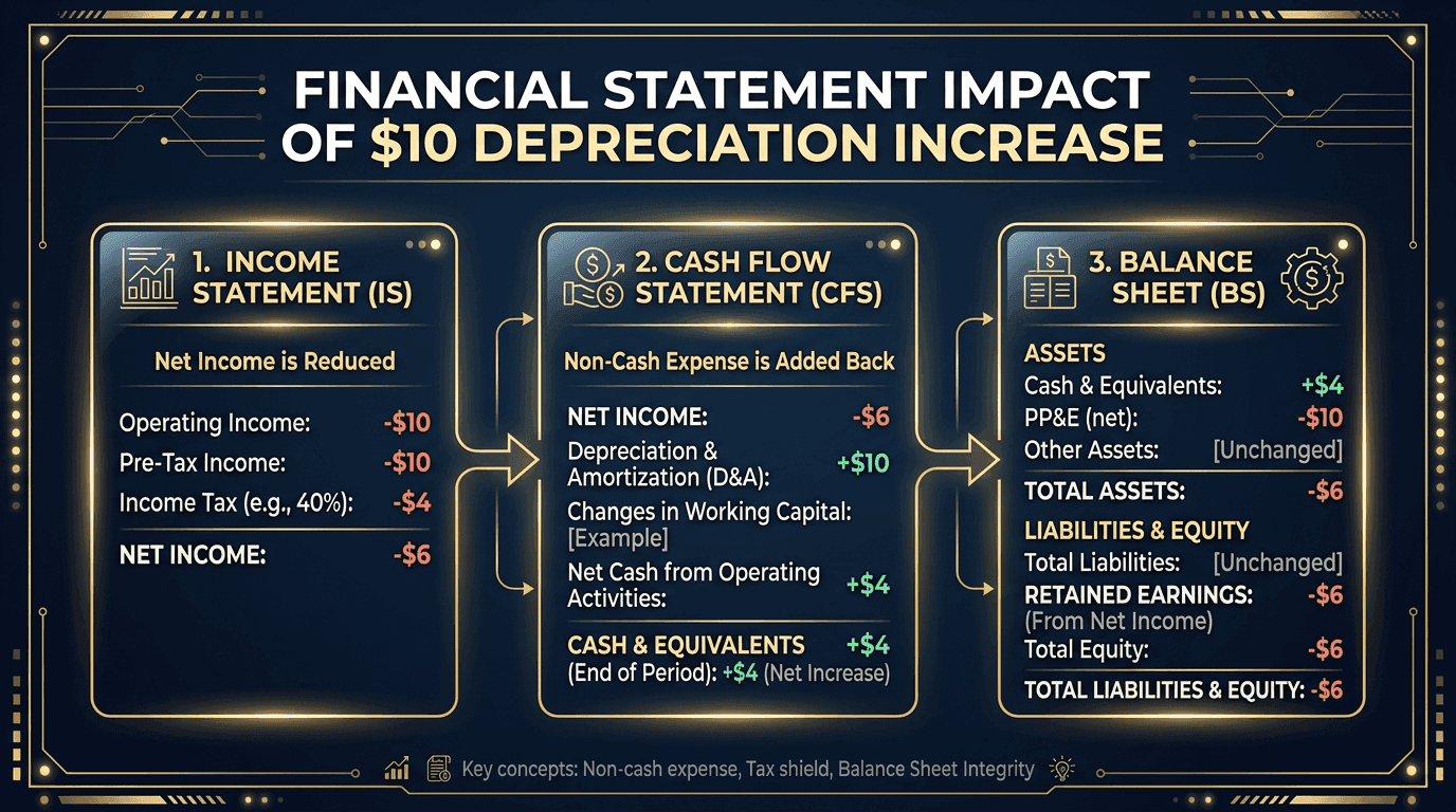 Impact of $10 depreciation increase across all three financial statements: Income Statement, Cash Flow Statement, and Balance Sheet effects