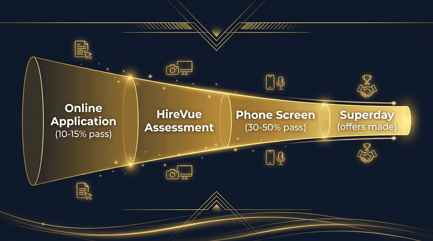 Investment banking recruiting pipeline: Online Application to HireVue to Phone Screen to Superday with pass rates at each stage