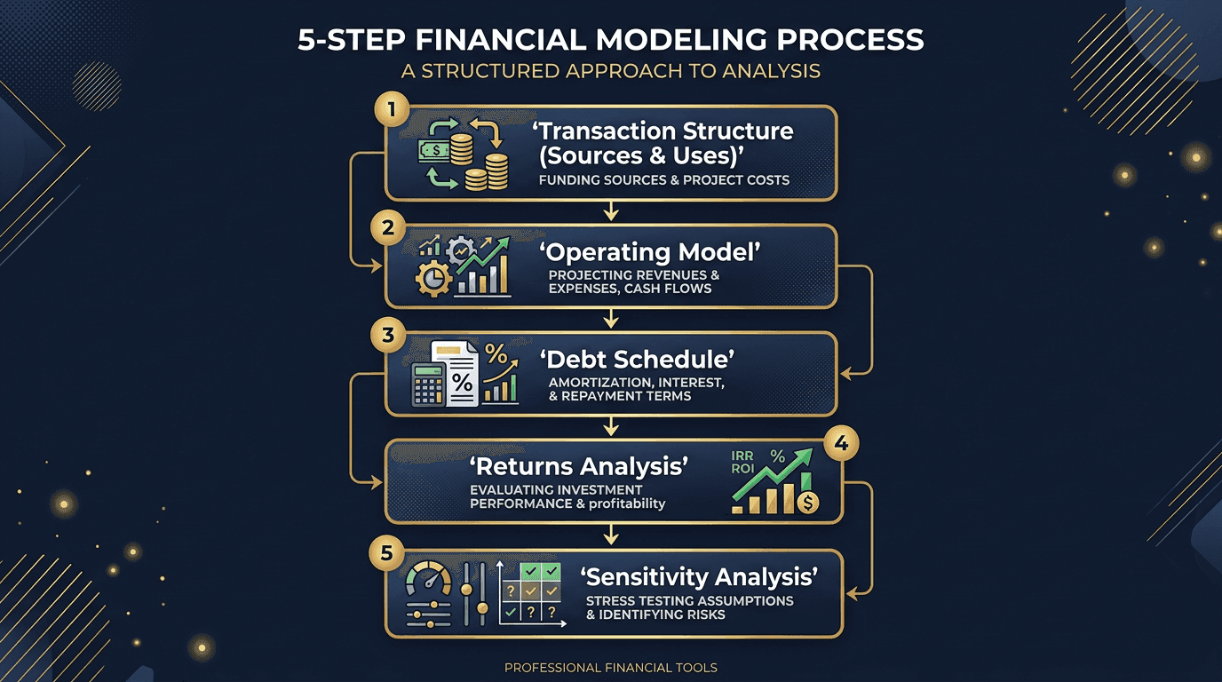 LBO model 5-step framework: Transaction Structure, Operating Model, Debt Schedule, Returns Analysis, Sensitivity Analysis