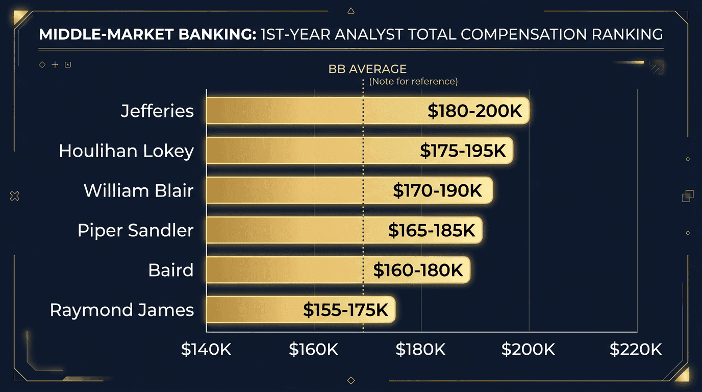 2026 middle market bank analyst compensation: Jefferies, Houlihan Lokey, William Blair, Piper Sandler, Baird, Raymond James vs bulge bracket average