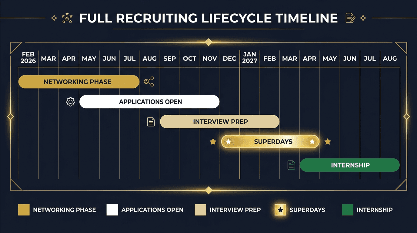 Complete 2027 summer analyst recruiting calendar: networking, applications, interview prep, superday, and internship phases from Feb 2026 to Aug 2027