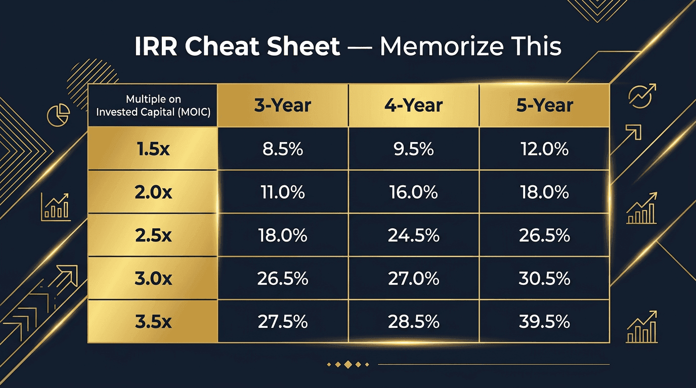 IRR cheat sheet: MOIC vs hold period quick reference table for 1.5x to 3.5x returns over 3 to 5 year periods