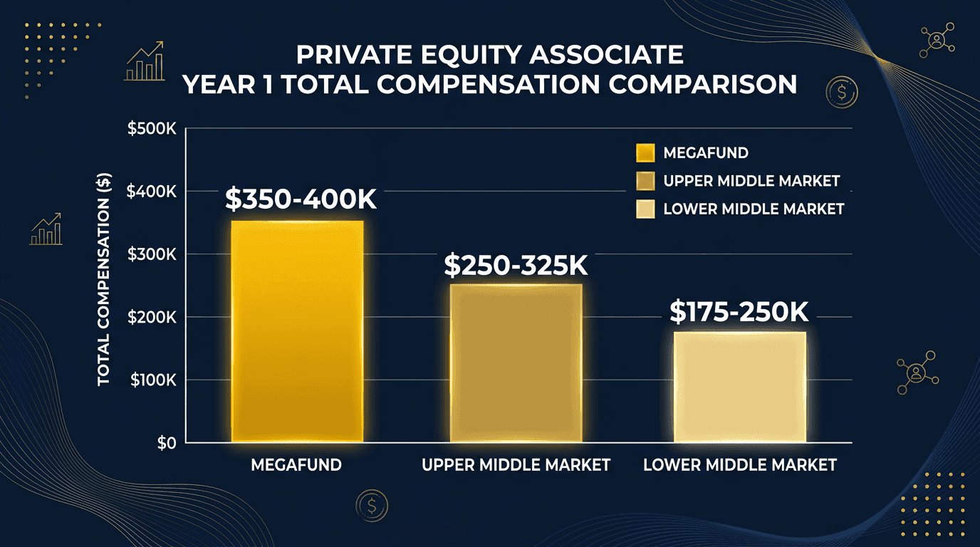 PE Associate Year 1 total comp by fund tier: Megafund $350-400K, Upper Middle Market $250-325K, Lower Middle Market $175-250K