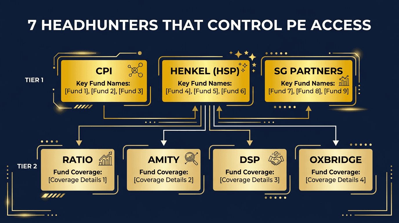 Top 7 PE headhunter firms: CPI, Henkel (HSP), SG Partners (Tier 1) and Ratio, Amity, DSP, Oxbridge (Tier 2) with fund coverage
