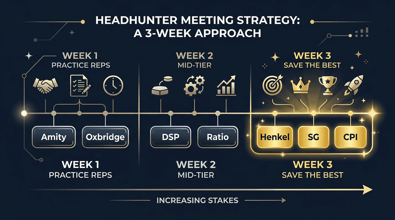 Optimal headhunter meeting strategy: Week 1 practice reps, Week 2 mid-tier firms, Week 3 save the best for CPI, Henkel, SG Partners