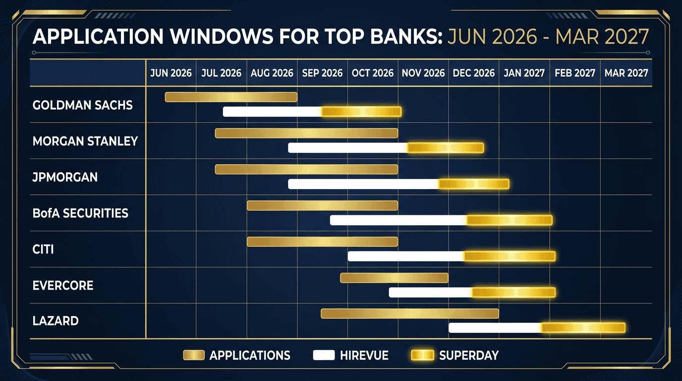 2027 summer analyst recruiting Gantt chart: application windows for Goldman Sachs, Morgan Stanley, JPMorgan, BofA, Citi, Evercore, Lazard