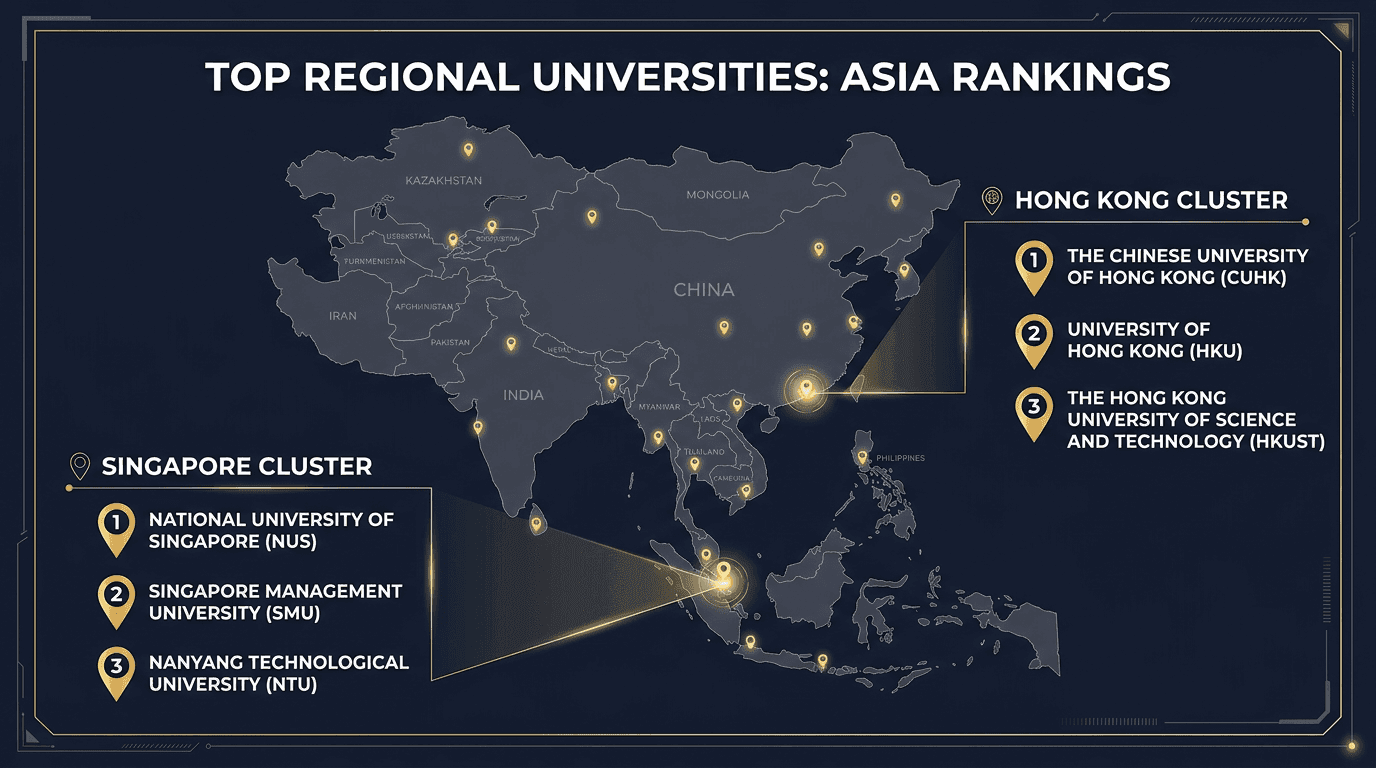 Top target schools for investment banking in Asia: Singapore cluster (NUS, SMU, NTU) and Hong Kong cluster (CUHK, HKU, HKUST) rankings