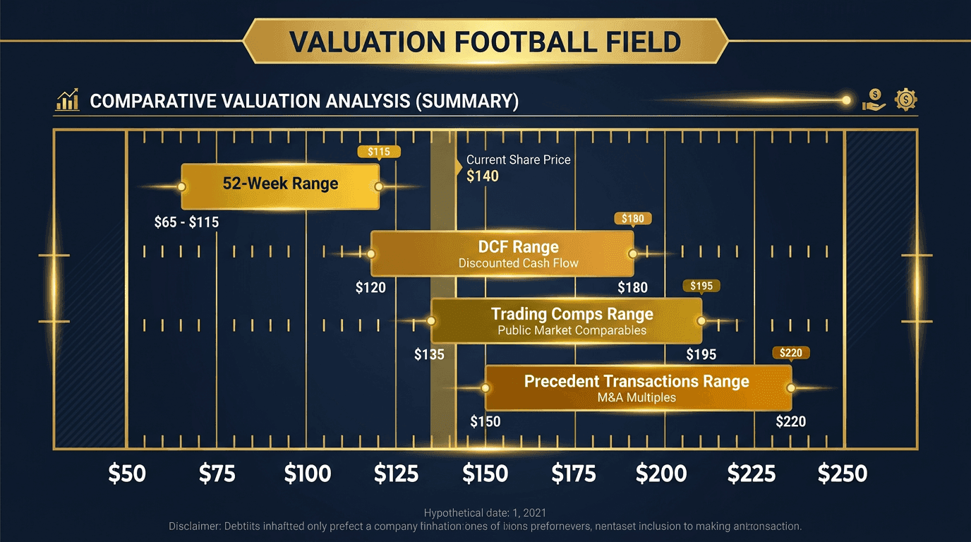 Valuation football field chart showing overlapping ranges for 52-Week Range, DCF, Trading Comps, and Precedent Transactions