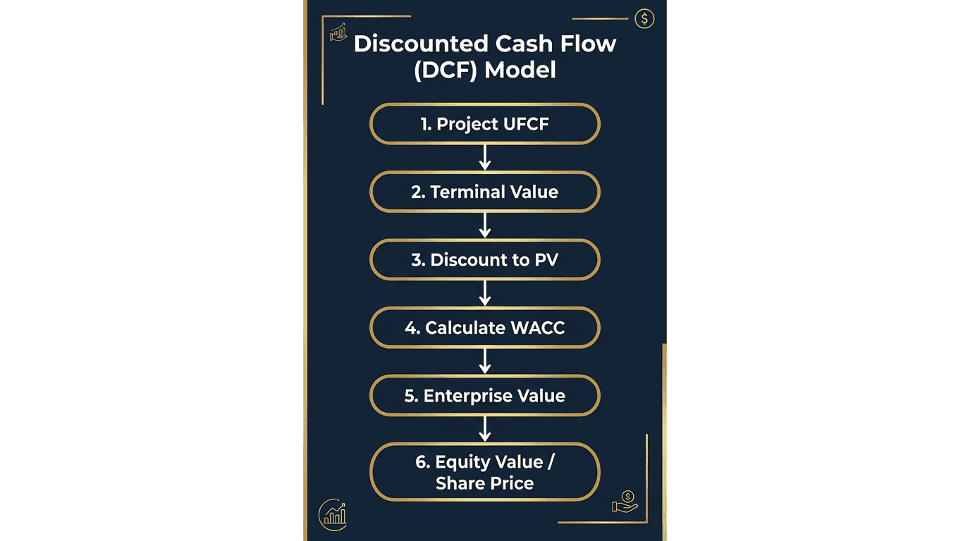 DCF analysis 6-step flowchart: Project UFCF, Terminal Value, Discount to PV, Calculate WACC, Enterprise Value, Equity Value per Share