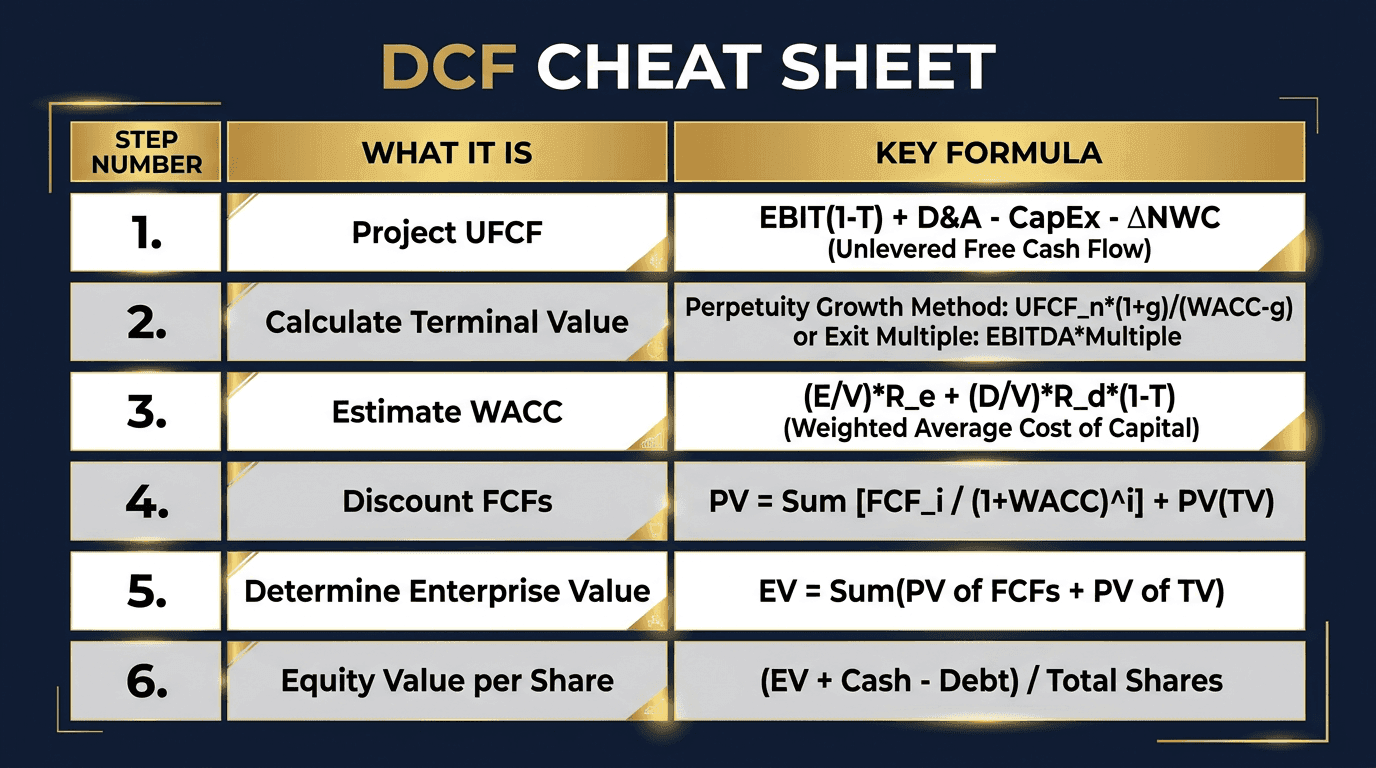 DCF cheat sheet: step-by-step reference table with formulas for each stage of a discounted cash flow analysis