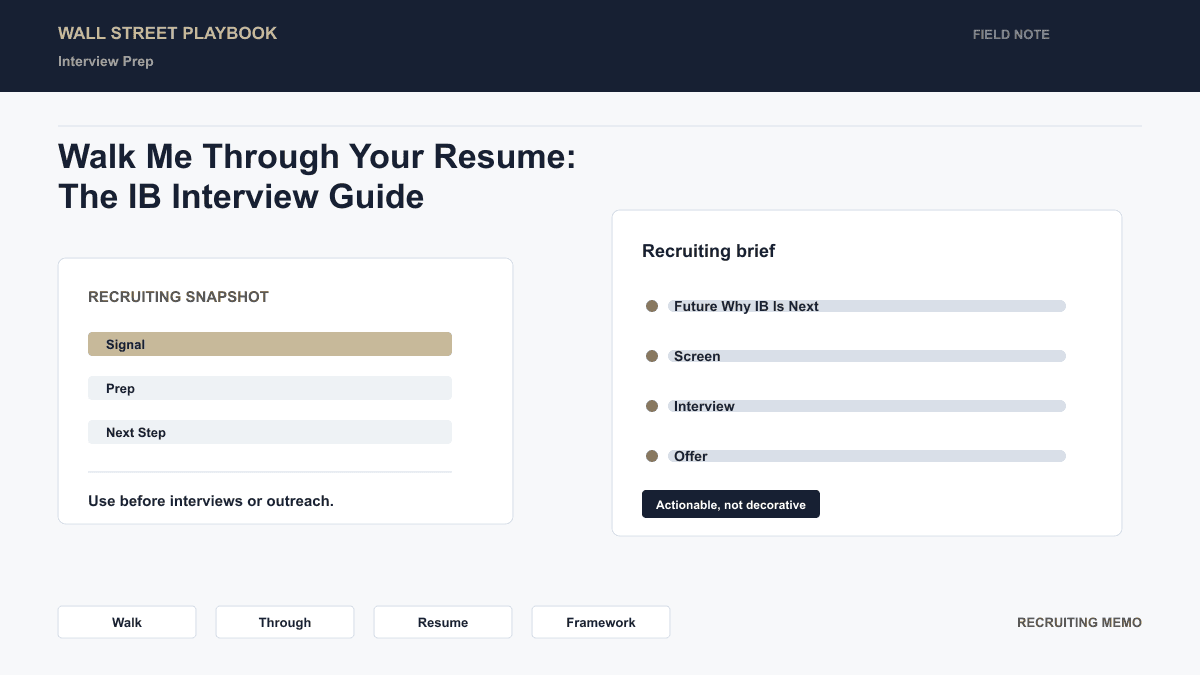 Walk me through your resume framework: Past (30 sec) what sparked your interest, Present (60 sec) what you have done, Future (30 sec) why IB is next