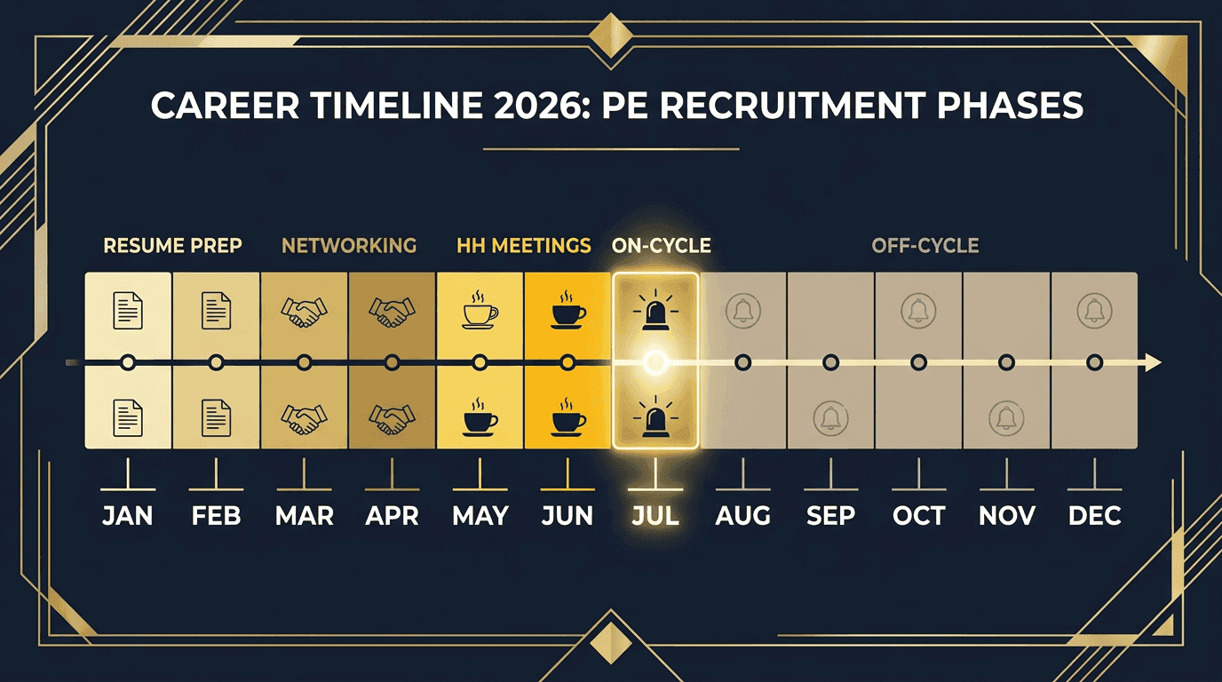 2026 PE recruiting calendar: resume prep Jan-Feb, networking Mar-Apr, headhunter meetings May-Jun, on-cycle July, off-cycle Aug onwards