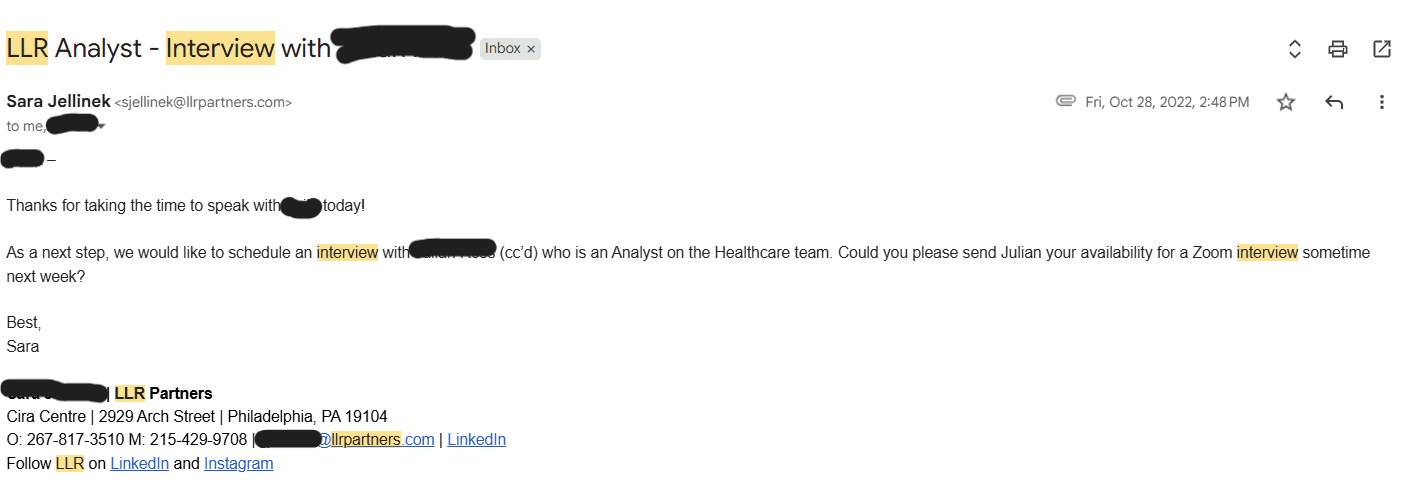 LLR Partners Analyst Interview Invitation